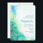 Invitation Aquarelle Fleurs Dorées et Sarcelle<br><div class="desc">Une invitation élégante en aquarelle dans des tons de bleu sarcelle et bleu avec un motif de fleurs dorées en surimpression. Présentée comme une invitation de Quinceañera, elle est parfaite pour les anniversaires de Sweet 16 ou toute autre célébration formelle. (Vecteur créé par pikisuperstar - www.freepik.com). La carte est facile...</div>