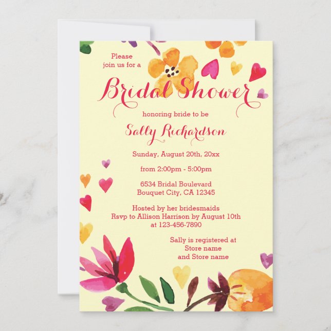 Invitation Aquarelle Fleurs et Fête des mariées Coeurs (Devant)