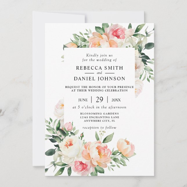 Invitation Aquarelle Fleurs et Feuillage Mariage Rose Pêche (Devant)