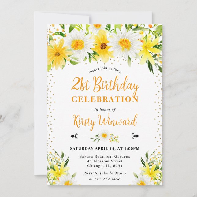 Invitation Aquarelle Fleurs et marguerites Jaunes 21e anniver (Devant)