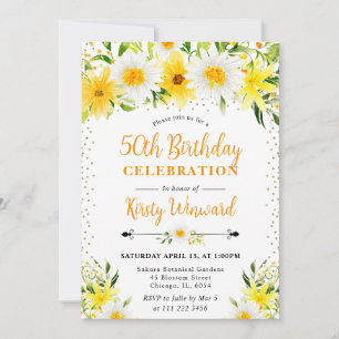 Invitation Aquarelle Fleurs et marguerites jaunes 50e anniver