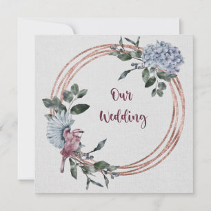 Invitation Aquarelle Fleurs et oiseaux roses et bordeaux