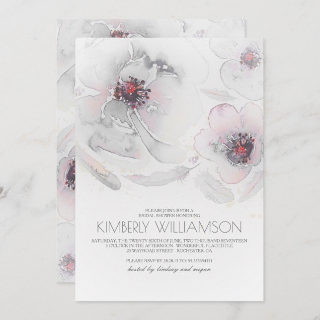 Invitation Aquarelle Fleurs Gris Rose Fête des mariées Boho (Devant / Derrière)