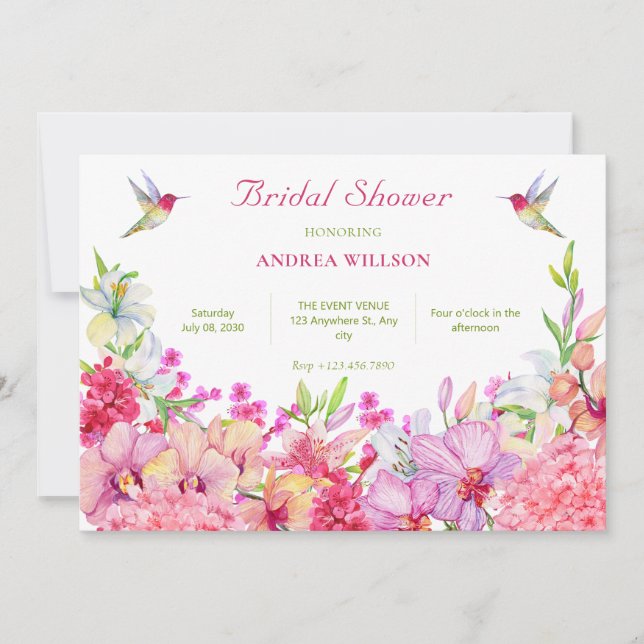 Invitation Aquarelle Fleurs Jardin d'oiseau douche nuptiale (Devant)