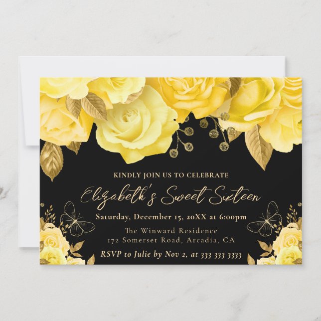 Invitation Aquarelle Fleurs Jaunes et Or Sweet sixteen (Devant)