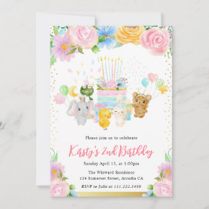 Invitation Aquarelle Fleurs Jolis Animaux Amis Anniversaire