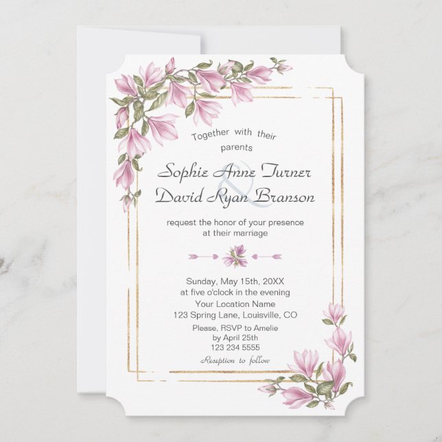 Invitation Aquarelle Fleurs Magnolia Mariage or en fleurs (Devant)