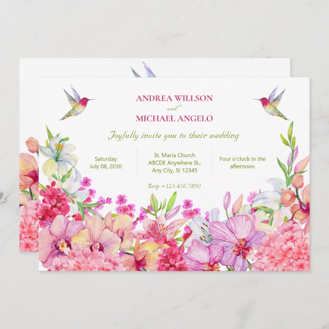 Invitation Aquarelle Fleurs Orchidées Mariage de jardin d'ois (Devant / Derrière)