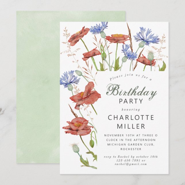 Invitation Aquarelle fleurs pâturages herbe anniversaire (Devant / Derrière)