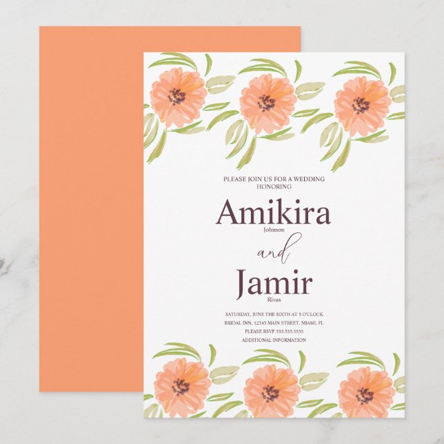 Invitation Aquarelle Fleurs Peintes à la Main Mariage (Devant / Derrière)