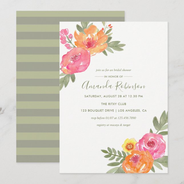 Invitation aquarelle fleurs pour Baby Shower de ma (Devant / Derrière)