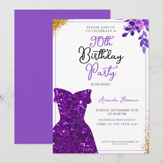 Invitation Aquarelle Fleurs pourpres 90e anniversaire (Devant / Derrière)