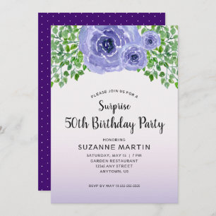 Invitation Aquarelle Fleurs pourpres   Surprise 50e anniversa