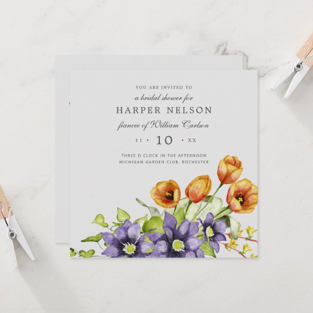 Invitation Aquarelle fleurs printemps couronnes douche nuptia (Devant/Arrière en situation)