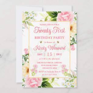 Invitation Aquarelle Fleurs rose et jaune 21e anniversaire