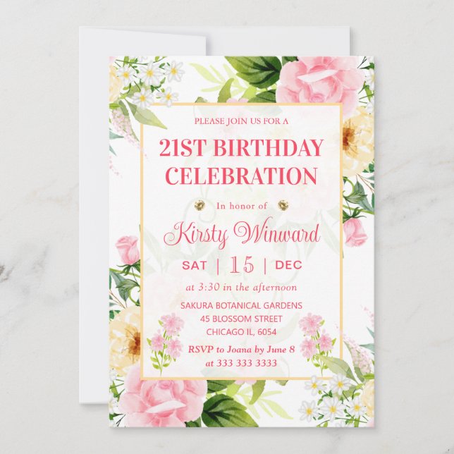 Invitation Aquarelle Fleurs rose et jaune Anniversaire (Devant)