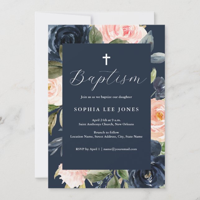 Invitation Aquarelle Fleurs Rose Pêche Baptême Navy  (Devant)