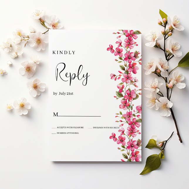 Invitation Aquarelle fleurs rose vif RSVP (Watercolor bright pink blossom flowers RSVP)