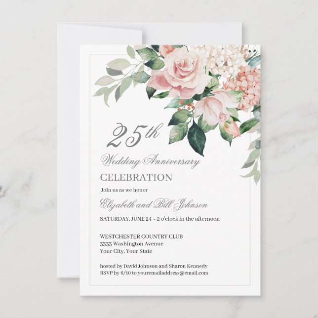 Invitation Aquarelle Fleurs roses 25e anniversaire Mariage (Devant)
