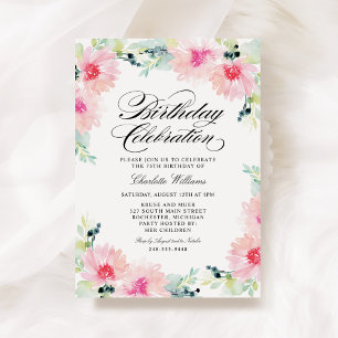 Invitation Aquarelle Fleurs Roses Anniversaire