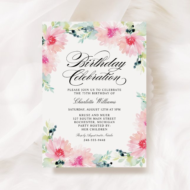 Invitation Aquarelle Fleurs Roses Anniversaire (Créateur téléchargé)