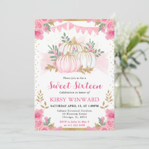 Invitation Aquarelle Fleurs Roses Automne Citrouille Douze An