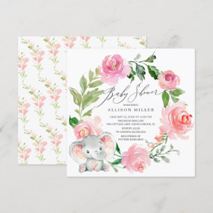 Invitation Aquarelle Fleurs roses Baby shower éléphant