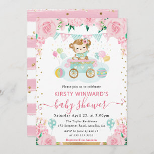 Invitation Aquarelle Fleurs roses Baby shower singe