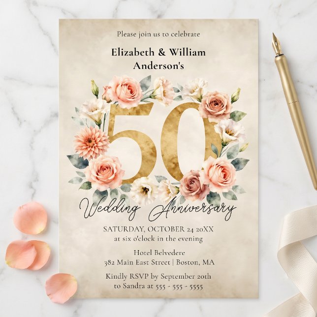 Invitation Aquarelle Fleurs Roses Blush Or 50e Anniversaire (Créateur téléchargé)