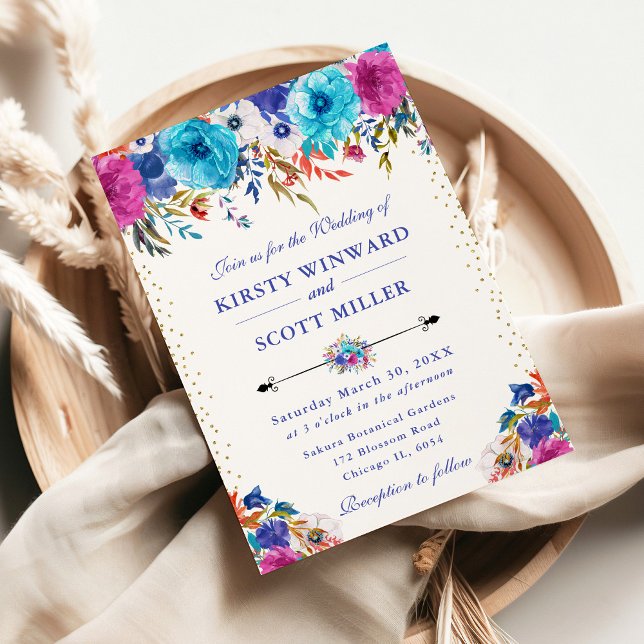 Invitation Aquarelle Fleurs Roses et Bleues Mariage (Créateur téléchargé)
