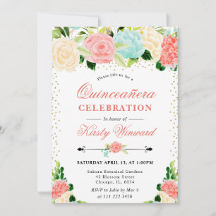 Invitation Aquarelle Fleurs Roses et Menthe Quinceanera