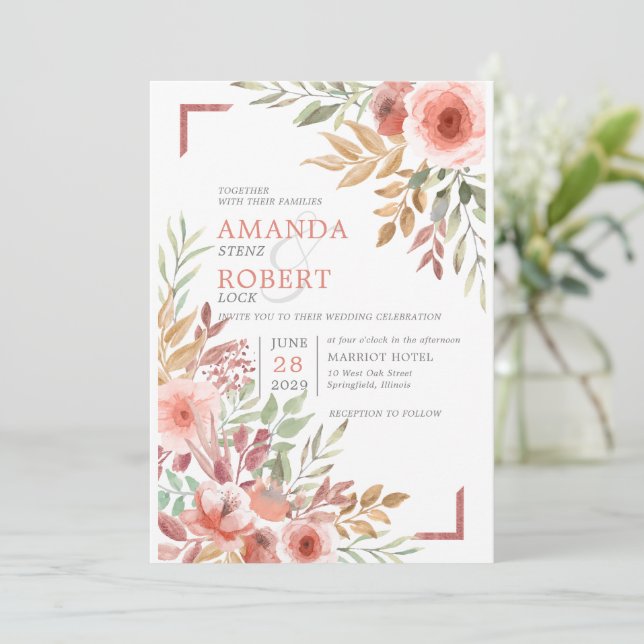 Invitation Aquarelle Fleurs Roses Floraison Printanière Maria (Debout devant)