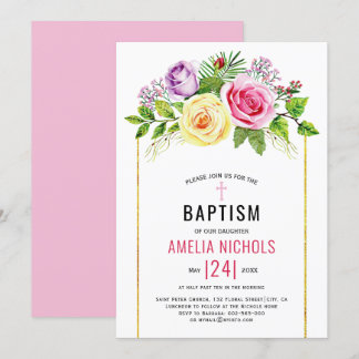 Invitation Aquarelle fleurs roses floral rose Baptême