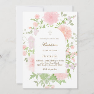 Invitation aquarelle fleurs roses grandes Baptême