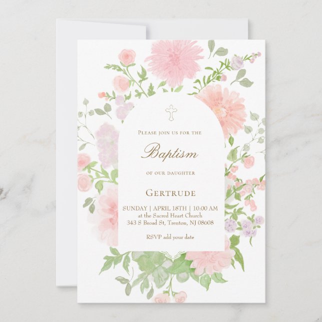 Invitation aquarelle fleurs roses grandes Baptême (Devant)