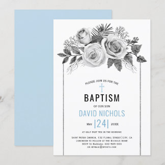Invitation Aquarelle fleurs roses gris floral Baptême