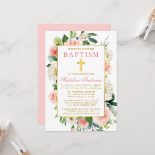 Invitation Aquarelle Fleurs Roses Pink Gold Baptism