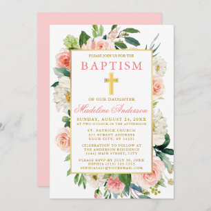 Invitation Aquarelle Fleurs Roses Pink Gold Baptism