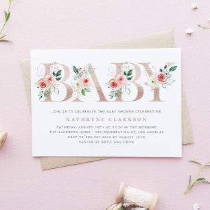 Invitation Aquarelle Fleurs roses Rose Baby shower or