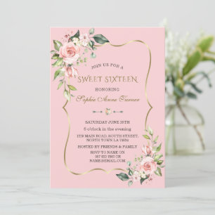 Invitation Aquarelle Fleurs roses Sweet sixteen cadre or