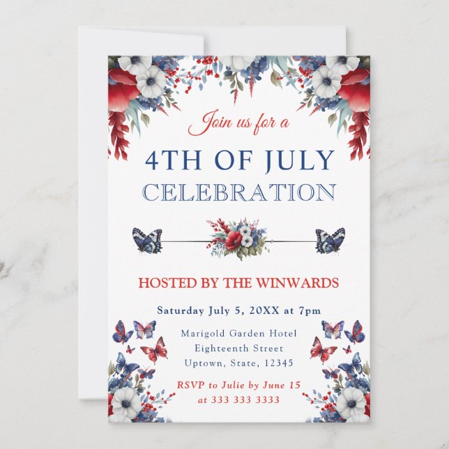 Invitation Aquarelle Fleurs Rouges, Bleues & Blanches 4 Juill (Devant)