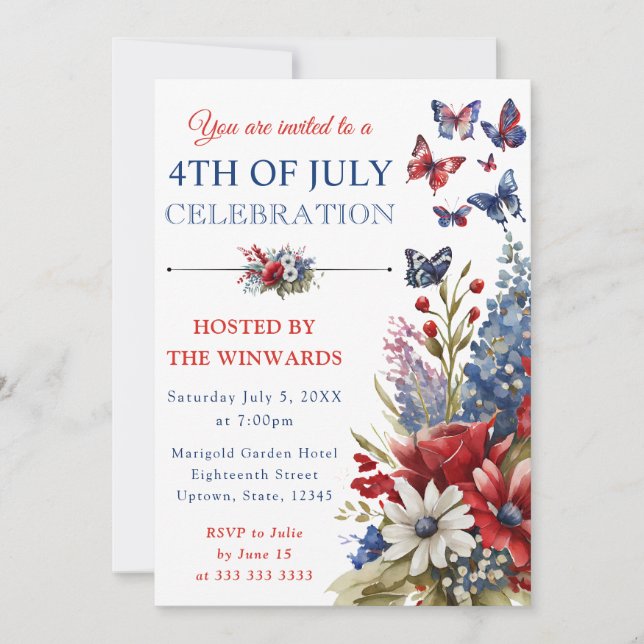Invitation Aquarelle Fleurs Rouges, Bleues & Blanches 4 Juill (Devant)