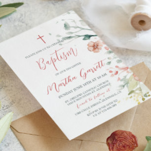 Invitation Aquarelle Fleurs rouges et vertes Fille Baptême