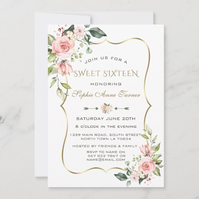 Invitation Aquarelle Fleurs Rouges Or Frame Sweet 16 (Devant)