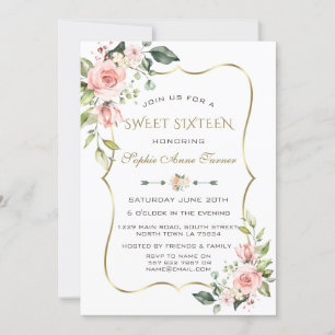 Invitation Aquarelle Fleurs Rouges Or Frame Sweet 16