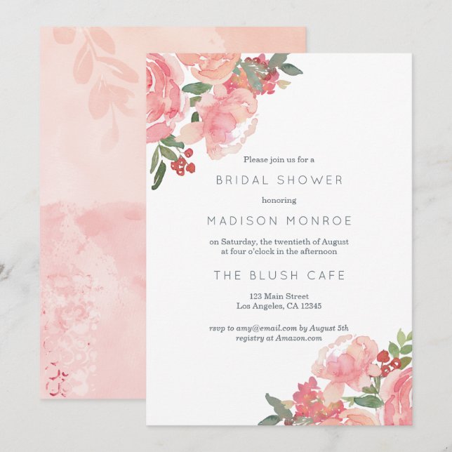 Invitation Aquarelle fleurs rousses douche nuptiale (Devant / Derrière)