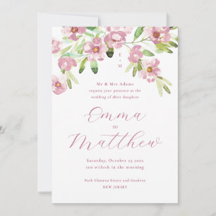 Invitation Aquarelle Fleurs Rustiques Mariage Rose Pâle