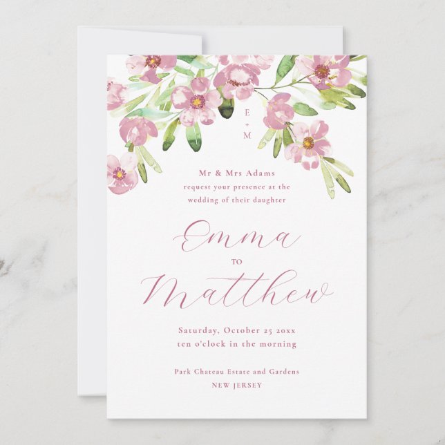 Invitation Aquarelle Fleurs Rustiques Mariage Rose Pâle (Devant)