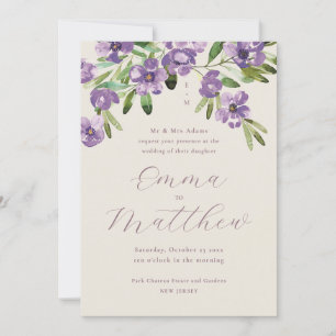 Invitation Aquarelle Fleurs rustiques Mariage violet