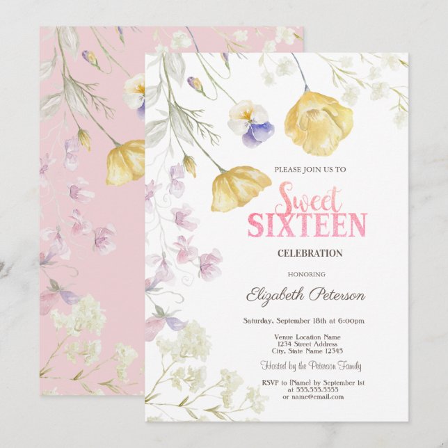 Invitation Aquarelle Fleurs Sauvages 16 ans (Devant / Derrière)